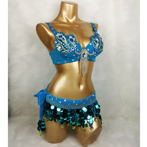 Belly Dance Costume Women's Teal Blue Sequin & Jewel Embellished Bra and Hip Scarf Set