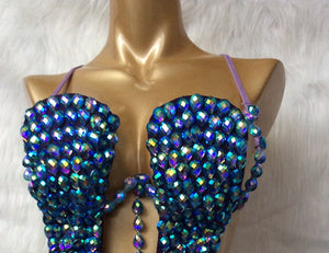 Women's Blue Sequin Beaded Cutout Bodysuit Latin Dance Costume