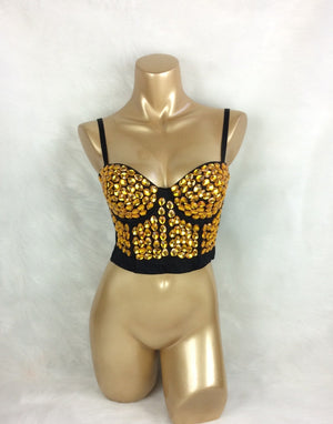 Bustier Top Women's Black Gold Embellished Rhinestone Strapless Dancewear