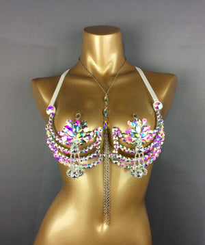 Dance Bra Top, Women's Yellow & Gold Bejeweled Chain Fringe Tribal Belly Dance Costume Top