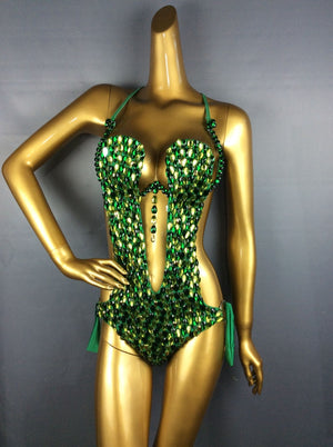 Women's Blue Sequin Beaded Cutout Bodysuit Latin Dance Costume