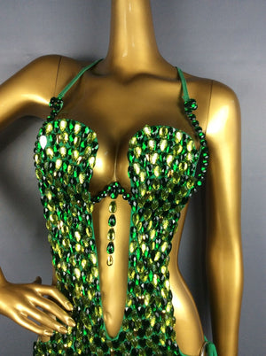 Women's Blue Sequin Beaded Cutout Bodysuit Latin Dance Costume