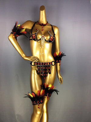 Carnival Dance Costume, Women's Black & Orange Feathered Sequin Rhinestone Bikini Set with Armbands and Thigh Bands, Samba/Latin Dancewear