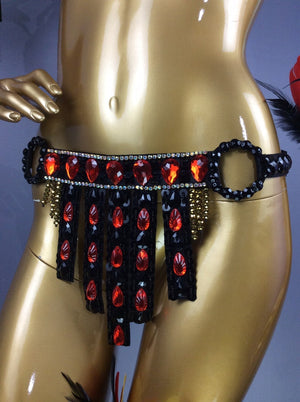 Carnival Dance Costume, Women's Black & Orange Feathered Sequin Rhinestone Bikini Set with Armbands and Thigh Bands, Samba/Latin Dancewear