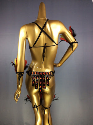 Carnival Dance Costume, Women's Black & Orange Feathered Sequin Rhinestone Bikini Set with Armbands and Thigh Bands, Samba/Latin Dancewear