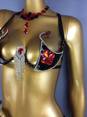 Carnival Dance Costume, Women's Black & Orange Feathered Sequin Rhinestone Bikini Set with Armbands and Thigh Bands, Samba/Latin Dancewear