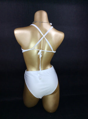 Rhinestone High-Waisted Bikini Set for Women, Iridescent Crystal Embellished, White, Two-Piece Rave Dancewear