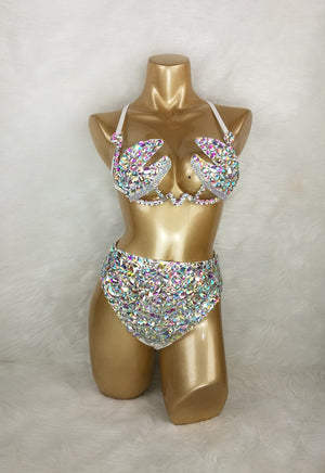 Rhinestone High-Waisted Bikini Set for Women, Iridescent Crystal Embellished, White, Two-Piece Rave Dancewear