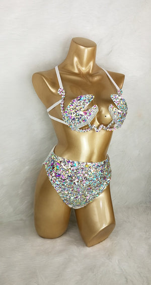 Rhinestone High-Waisted Bikini Set for Women, Iridescent Crystal Embellished, White, Two-Piece Rave Dancewear
