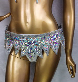 Dancewear Women's White Iridescent Crystal Rhinestone Bra and Skirt Set, Burlesque Dance