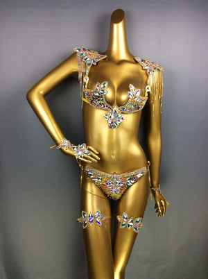 Rhinestone Crystal Bra Set, Women's Iridescent Embellished Gold Sequin Bikini, Samba Latin Dance Costume