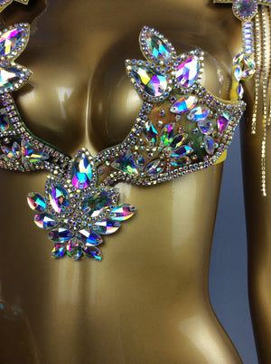 Rhinestone Crystal Bra Set, Women's Iridescent Embellished Gold Sequin Bikini, Samba Latin Dance Costume