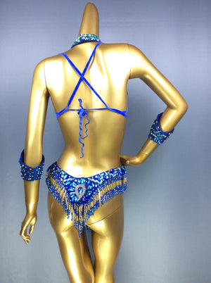 Belly Dance Costume Women's Blue & Gold Beaded Crystal Rhinestone Bra & Belt Set with Armbands