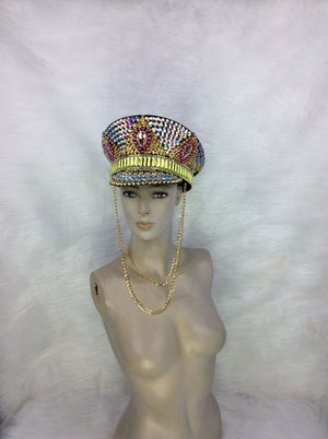 Unisex Iridescent Rhinestone Gold Pink Green Embellished Chain Detail Visor Hat, Rave Festival Dance Cap