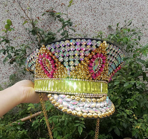 Unisex Iridescent Rhinestone Gold Pink Green Embellished Chain Detail Visor Hat, Rave Festival Dance Cap