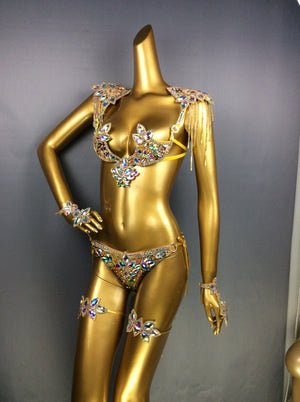 Rhinestone Crystal Bra Set, Women's Iridescent Embellished Gold Sequin Bikini, Samba Latin Dance Costume