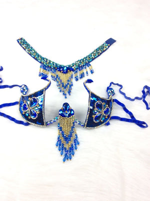 Belly Dance Costume Women's Blue & Gold Beaded Crystal Rhinestone Bra & Belt Set with Armbands