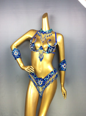 Belly Dance Costume Women's Blue & Gold Beaded Crystal Rhinestone Bra & Belt Set with Armbands