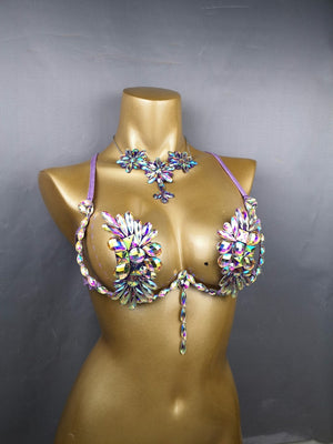 Crystal Flower Bra & Necklace Set - Women's Iridescent Embellished Belly Dance Costume