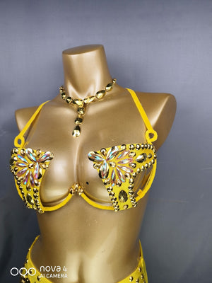 Women's Yellow Rhinestone Embellished High-Waist Bra and Shorts Set for Latin Dance