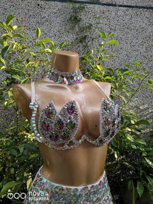 Women's Iridescent Crystal Embellished White Bra & High-Waisted Briefs Set, Latin Dancewear