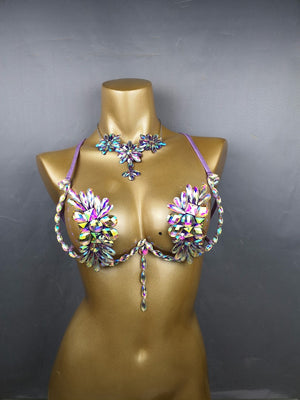 Crystal Flower Bra & Necklace Set - Women's Iridescent Embellished Belly Dance Costume