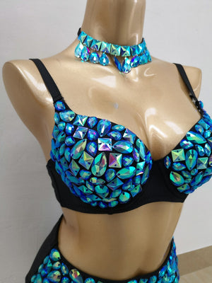 Dance Bra & High-Waisted Briefs Set Women's Blue & Teal Iridescent Rhinestone Embellished, Choker Included, Belly Dance/Carnival/Rave