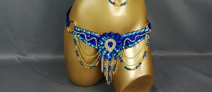 Belly Dance Hip Scarf, Women's Blue & Gold Beaded Crystal Rhinestone Tassel Belt, Tribal Fusion Dance Costume Accessory