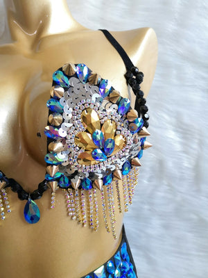 Women's Blue Sequin and Rhinestone Bra Top and High-Waisted Bottoms Set with Fringe Details for Rave Dance