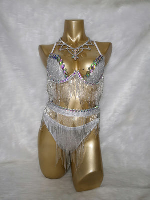Women's White Sequin Fringe Rhinestone Bra Top and Bikini Bottom Set, Dance Costume