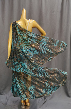 Belly Dance Costume Women's Blue & Black Animal Print Chiffon & Sequin Bra Top with Embellished Hip Scarf & Skirt Set