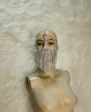 Women's Silver Rhinestone Fringe Face Mask Headpiece, Belly Dance