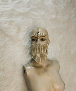 Women's Silver Rhinestone Fringe Face Mask Headpiece, Belly Dance