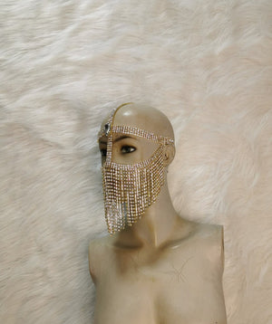 Women's Silver Rhinestone Fringe Face Mask Headpiece, Belly Dance