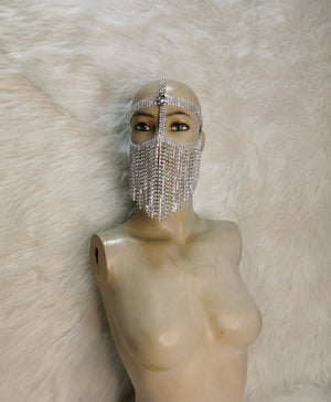 Women's Silver Rhinestone Fringe Face Mask Headpiece, Belly Dance