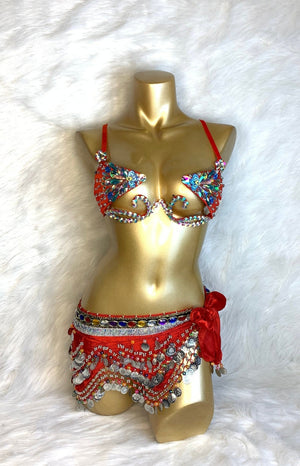 Belly Dance Costume Women's Black & Gold Embellished Bra & Hip Scarf Set with Coins and Beads