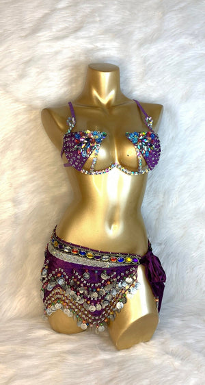 Belly Dance Costume Women's Black & Gold Embellished Bra & Hip Scarf Set with Coins and Beads