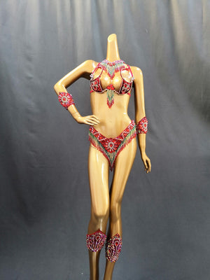 Women's Red & Green Beaded Rhinestone Fringe Samba Carnival Dance Costume Set