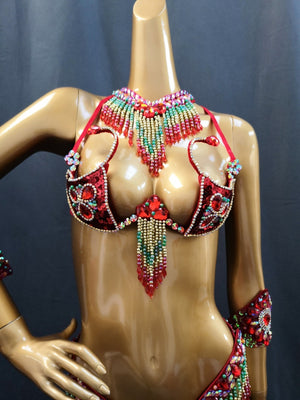 Women's Red & Green Beaded Rhinestone Fringe Samba Carnival Dance Costume Set