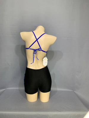 Dance Costume Women's Blue Sequin Peacock Feather Halter Bra Top and Teal Gemstone Shorts Set