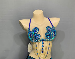 Dance Costume Women's Blue Sequin Peacock Feather Halter Bra Top and Teal Gemstone Shorts Set