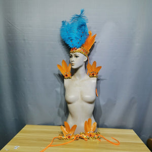 Carnival Headdress and Shoulder Pieces, Blue and Orange Feathered Sequin Embellished Dance Costume Set