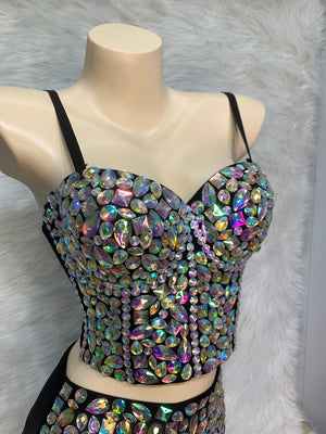 Rhinestone Bustier and High-Waisted Shorts Set, Women's, Iridescent, Crystal Embellished, Two-Piece, Sparkly Dancewear