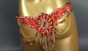 Belly Dance Hip Scarf, Women's Blue & Gold Beaded Crystal Rhinestone Tassel Belt, Tribal Fusion Dance Costume Accessory