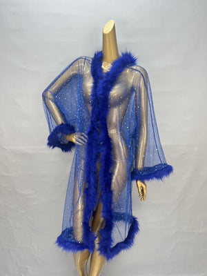 Women's Red Sheer Mesh Faux Fur Trim Rhinestone Long Robe Lingerie