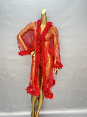 Women's Red Sheer Mesh Faux Fur Trim Rhinestone Long Robe Lingerie
