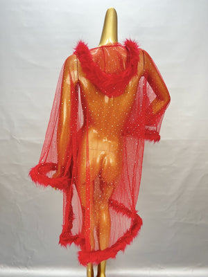 Women's Red Sheer Mesh Faux Fur Trim Rhinestone Long Robe Lingerie
