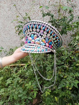 Dance Captain Hat, Adult Unisex, Iridescent Multi-Color Rhinestone Embellished, Black Visor with Chains