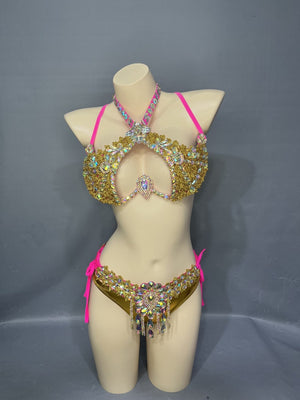 Bikini Set Women's Gold & Pink Rhinestone Embellished Halter Bikini Top & Side-Tie Bottoms for Carnival Dance