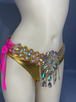 Bikini Set Women's Gold & Pink Rhinestone Embellished Halter Bikini Top & Side-Tie Bottoms for Carnival Dance